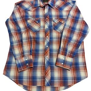 Rustler by Wrangler Plaid Pearl Snap Western Shirt L Metallic Silver Accent
